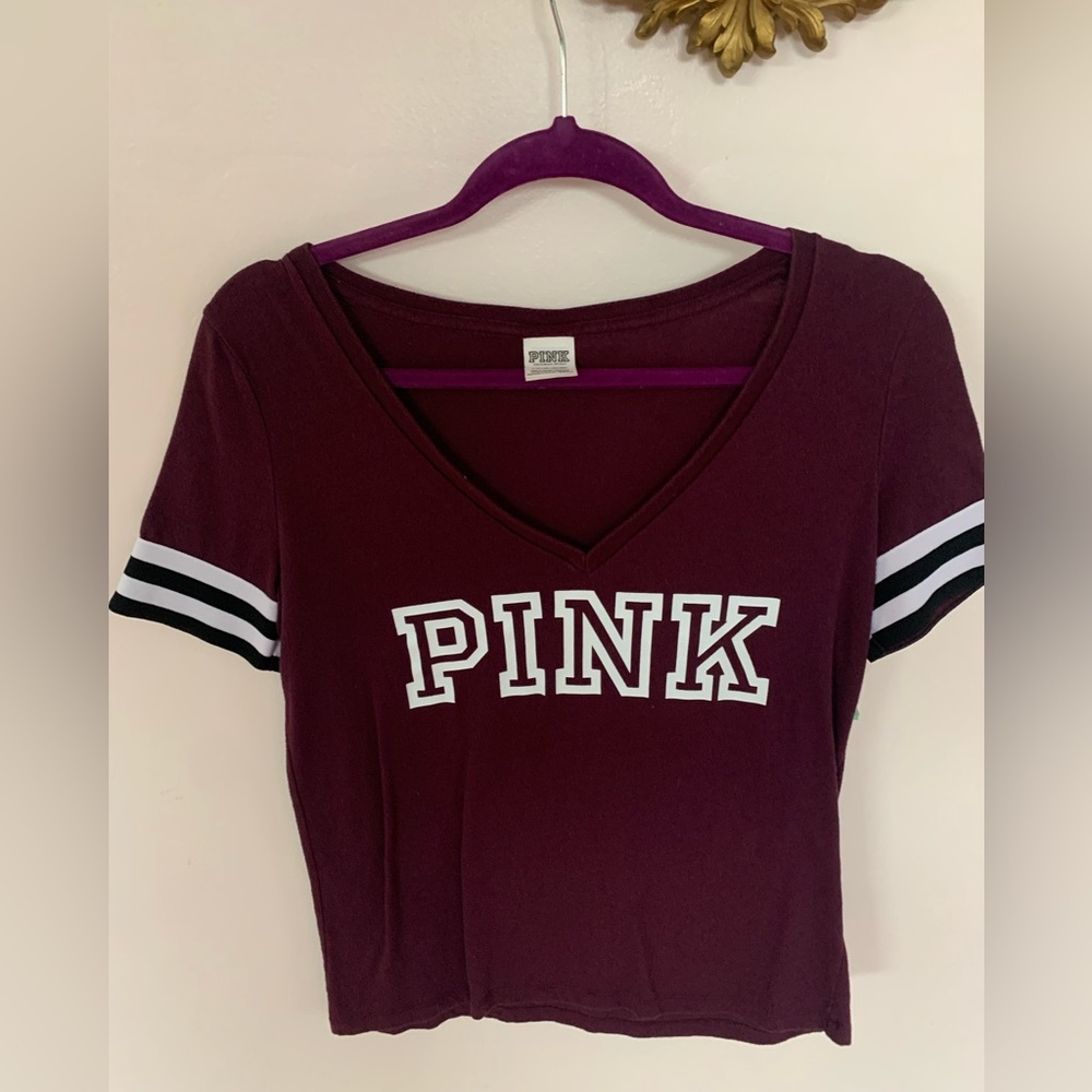 Victoria Secret PINK S P Short Sleeve Shirt Purple with White and Black Trim